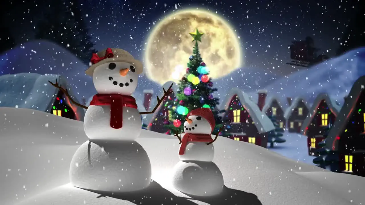 Digital animation of snow falling over female and kid snowman on winter landscape