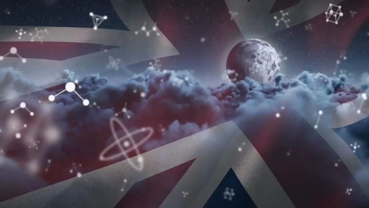 Animation of molecular structures over waving uk flag against darks clouds and moon in night sky