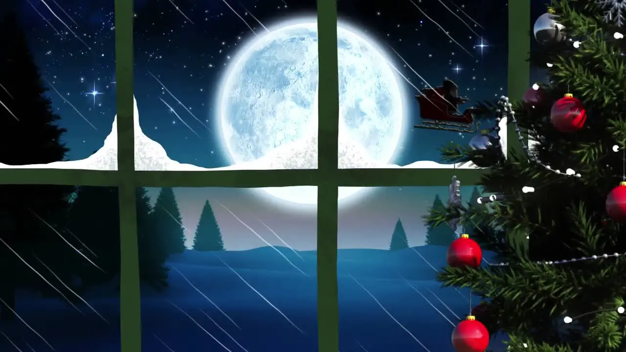 Animation of silhouette of santa claus in sleigh being pulled by reindeer with snow falling and full