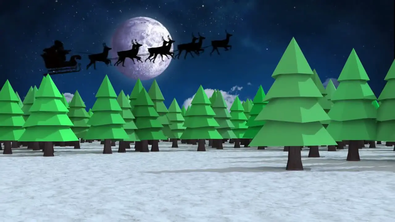 Digital animation of rows of trees on winter landscape and silhouette of santa claus in sleigh