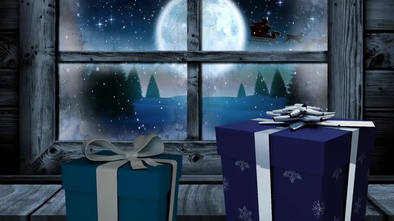 Animation of christmas gifts and window with falling snow full moon and santa's sleigh outside