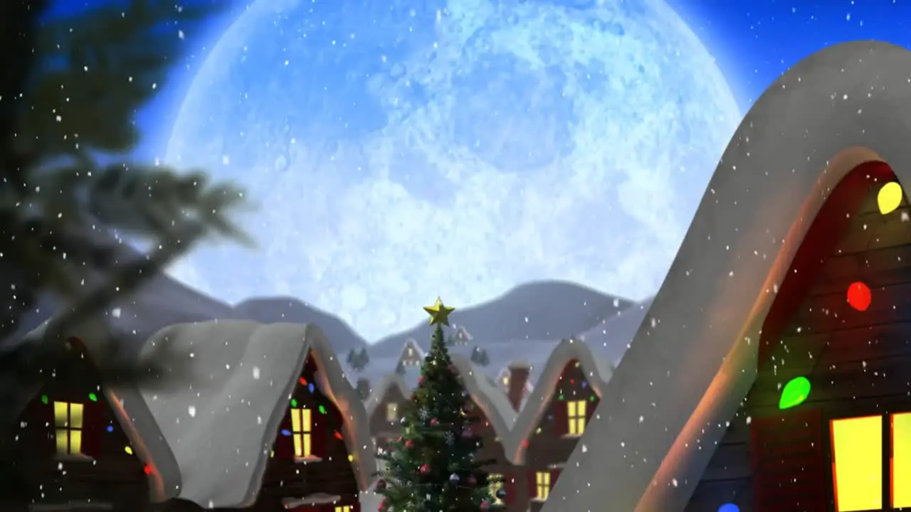 Winter scenery with full moon houses and falling snow