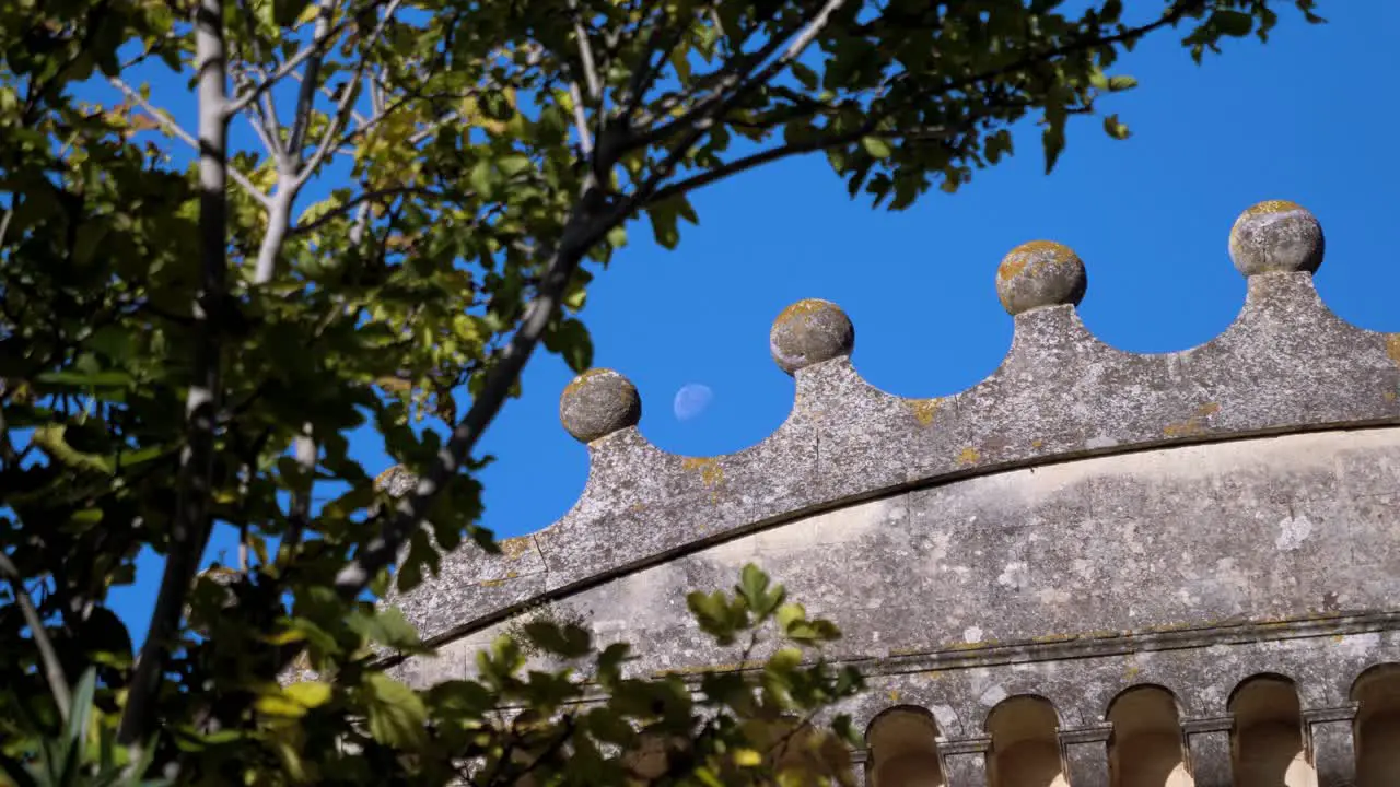 Slow revealing shot of crown-like design on a chateau with the moon in the sky