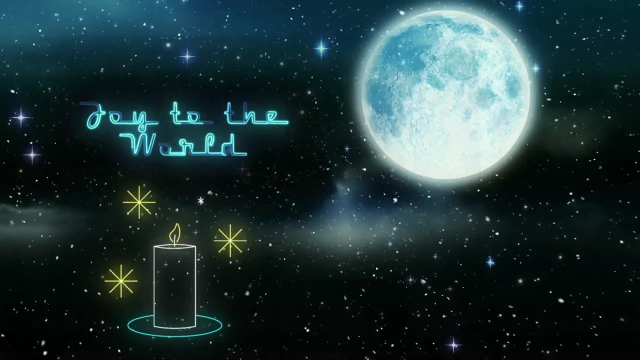 Animation of jpy to the world text over candle and full moon in winter scenery background