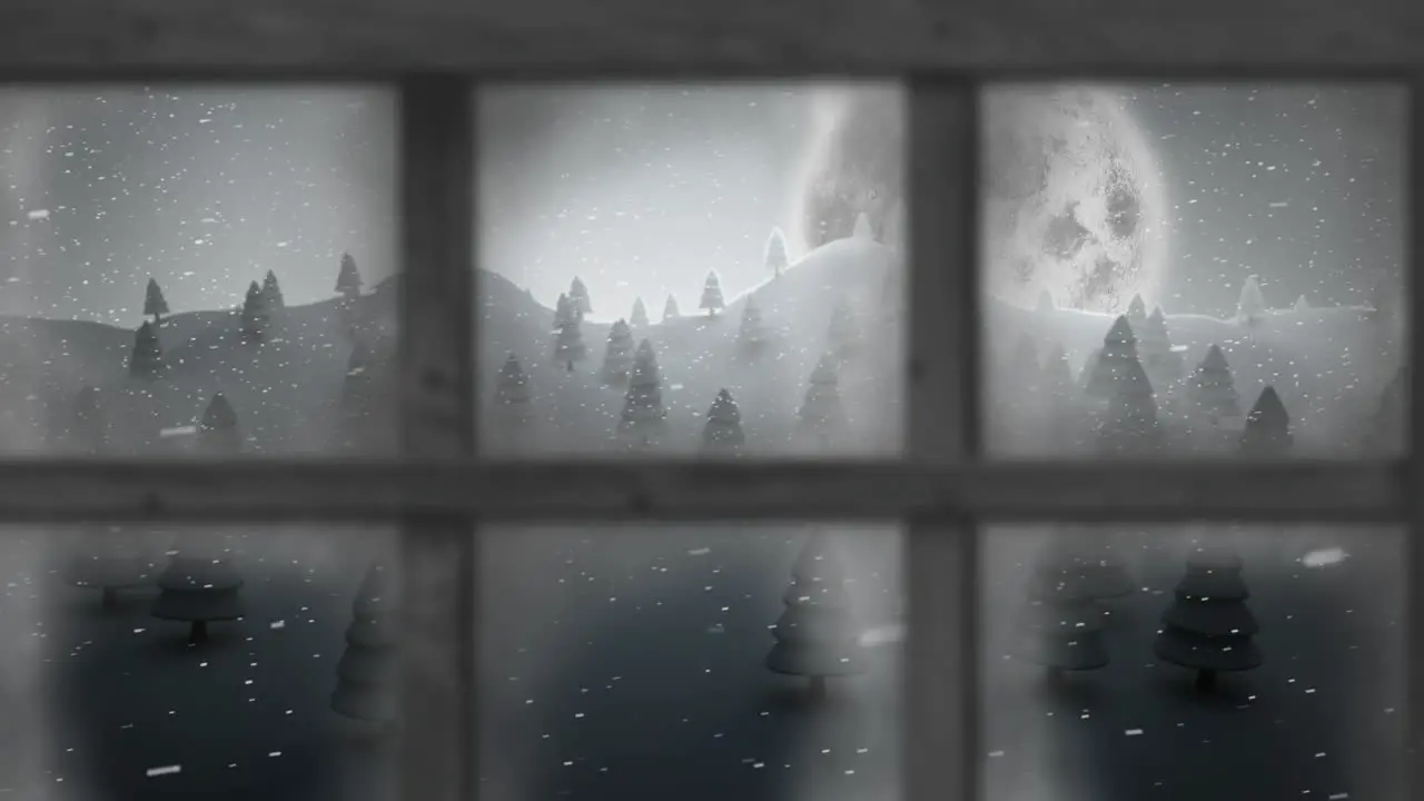 Wooden window frame against snow falling over winter landscape against moon in night sky