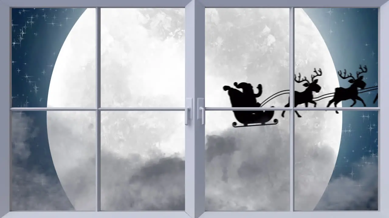 Animation of black silhouette on santa claus in sleigh being pulled by reindeer with winter scenery 