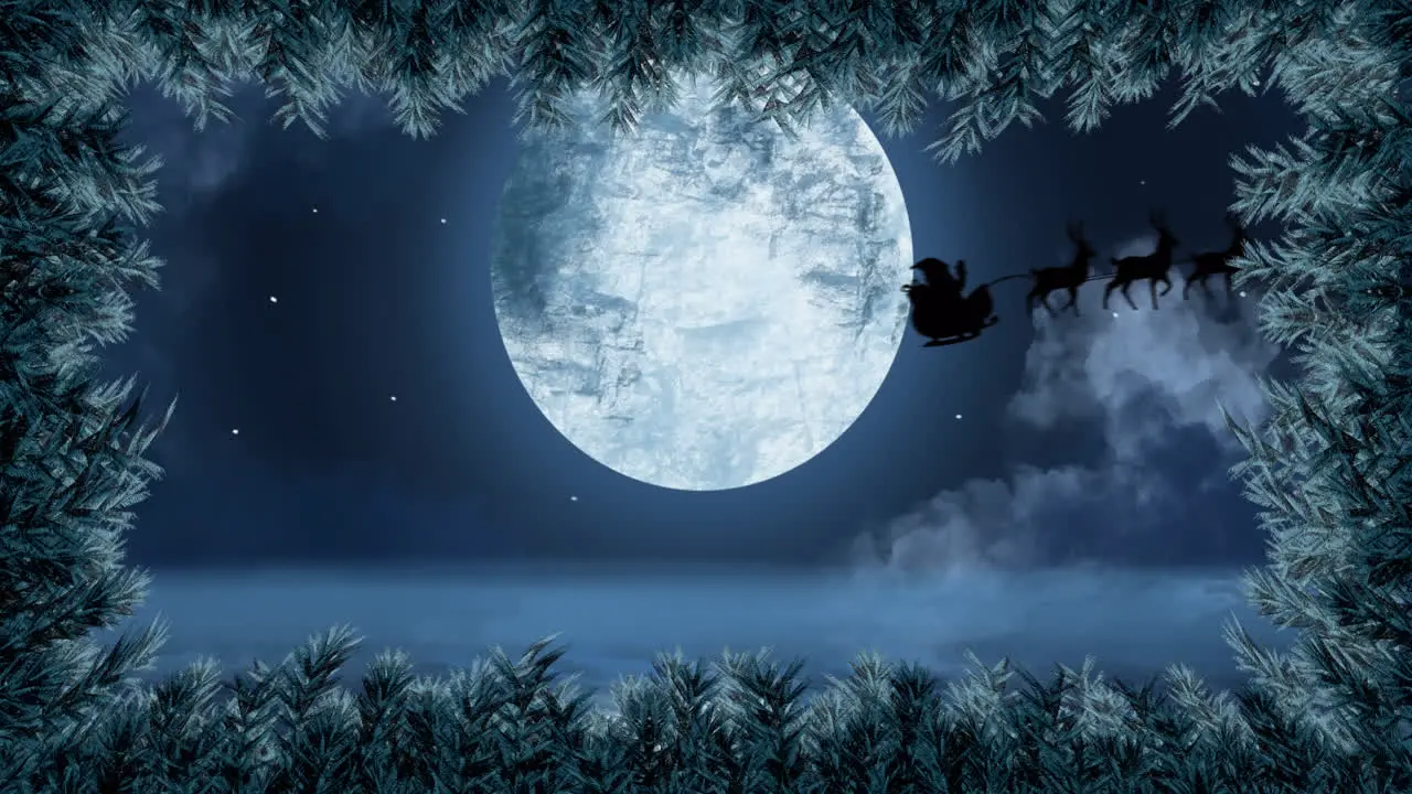 Digital animation of leaves forming a frame over black silhouette of santa claus in sleigh