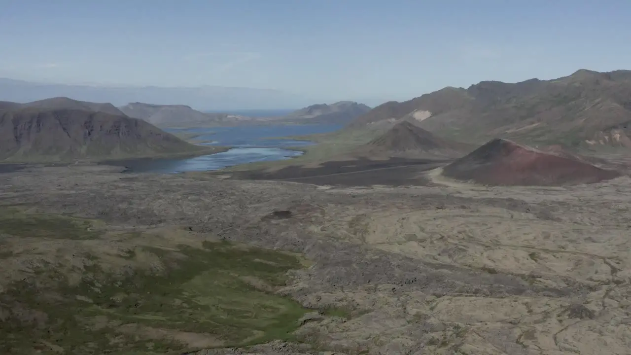 Famous solidified lava terrain of Iceland seen from above on sunny day aerial