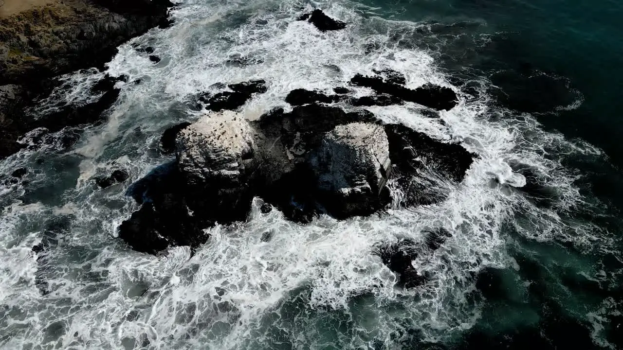 aerial crane shot of the rocks of Punta de Lobos with birds on their tops on a sunny day and the bay next to them