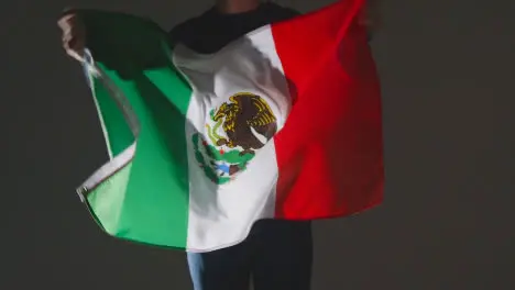 Studio Shot Of Anonymous Person Or Sports Fan Waving Flag Of Mexico Against Black Background