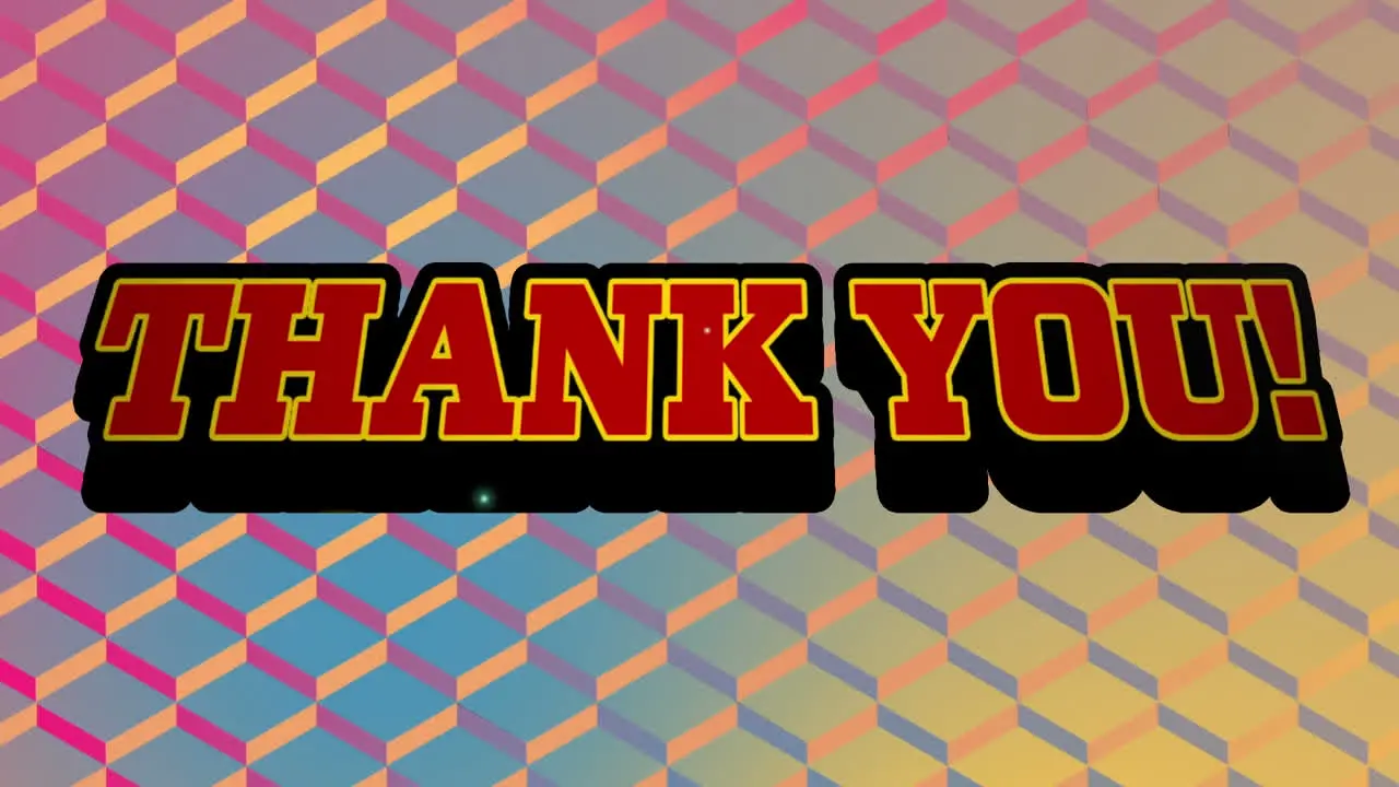 Animation of thank you text over a retro speech bubble against textured gradient background