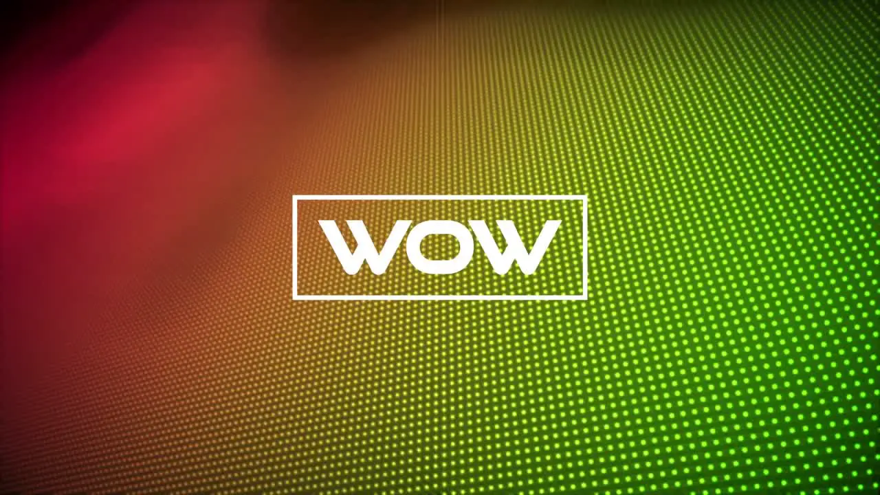 Digital animation of glitch effect over wow text banner against dotted textured gradient background