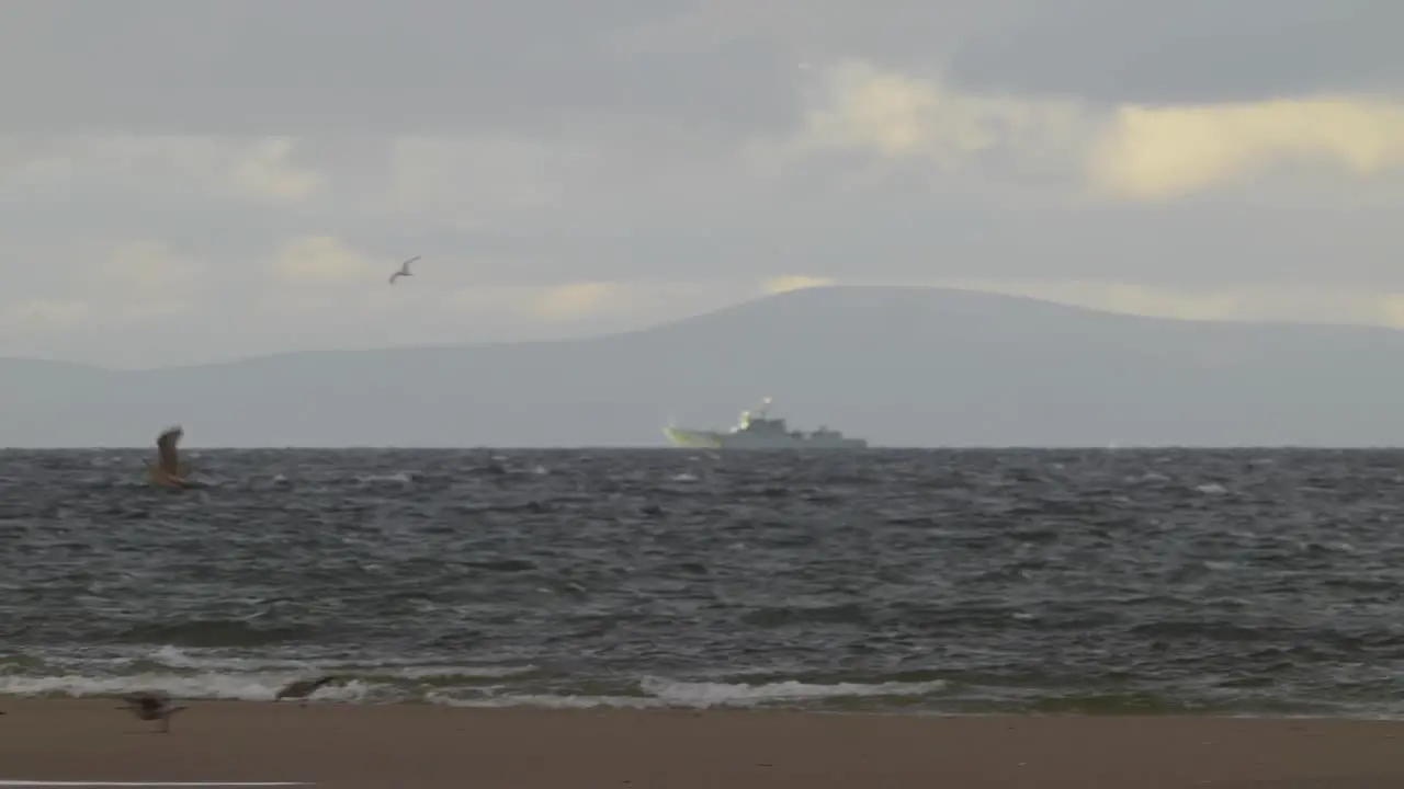 Seagulls Flying Near The Sea With Ship On The Horizon wide