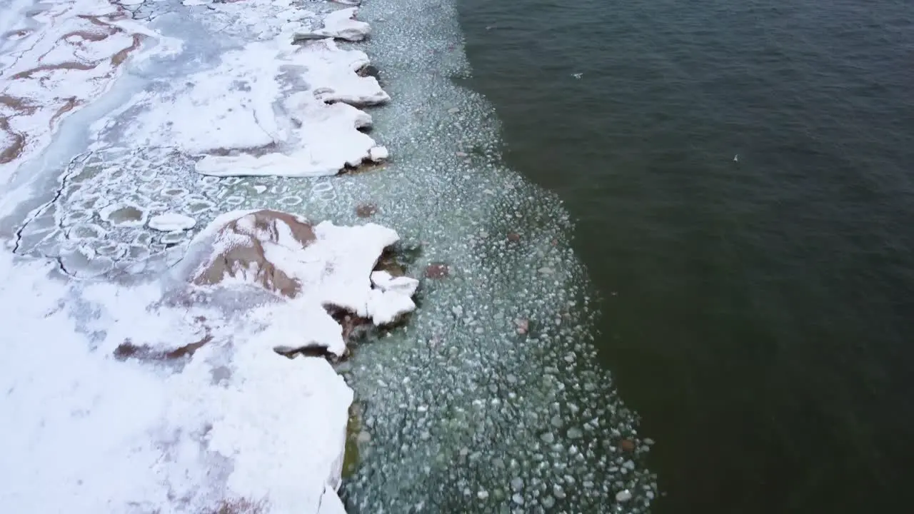 4K Drone video of frozen lakeshore with the camera panning up to reveal the sand dunes