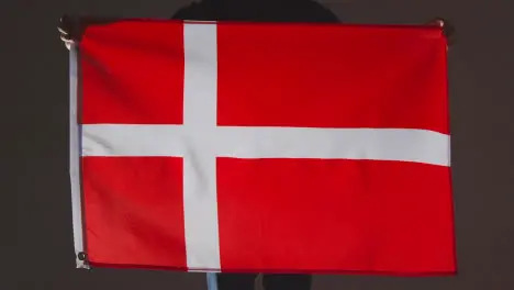 Studio Shot Of Anonymous Person Or Sports Fan Holding Flag Of Denmark Against Black Background