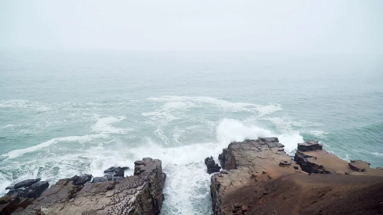 Static shot of roaring waves hitting the cliffs off the coast of Mirador Miguel Grau Chorrillos Lima Peru during a cloudy morning