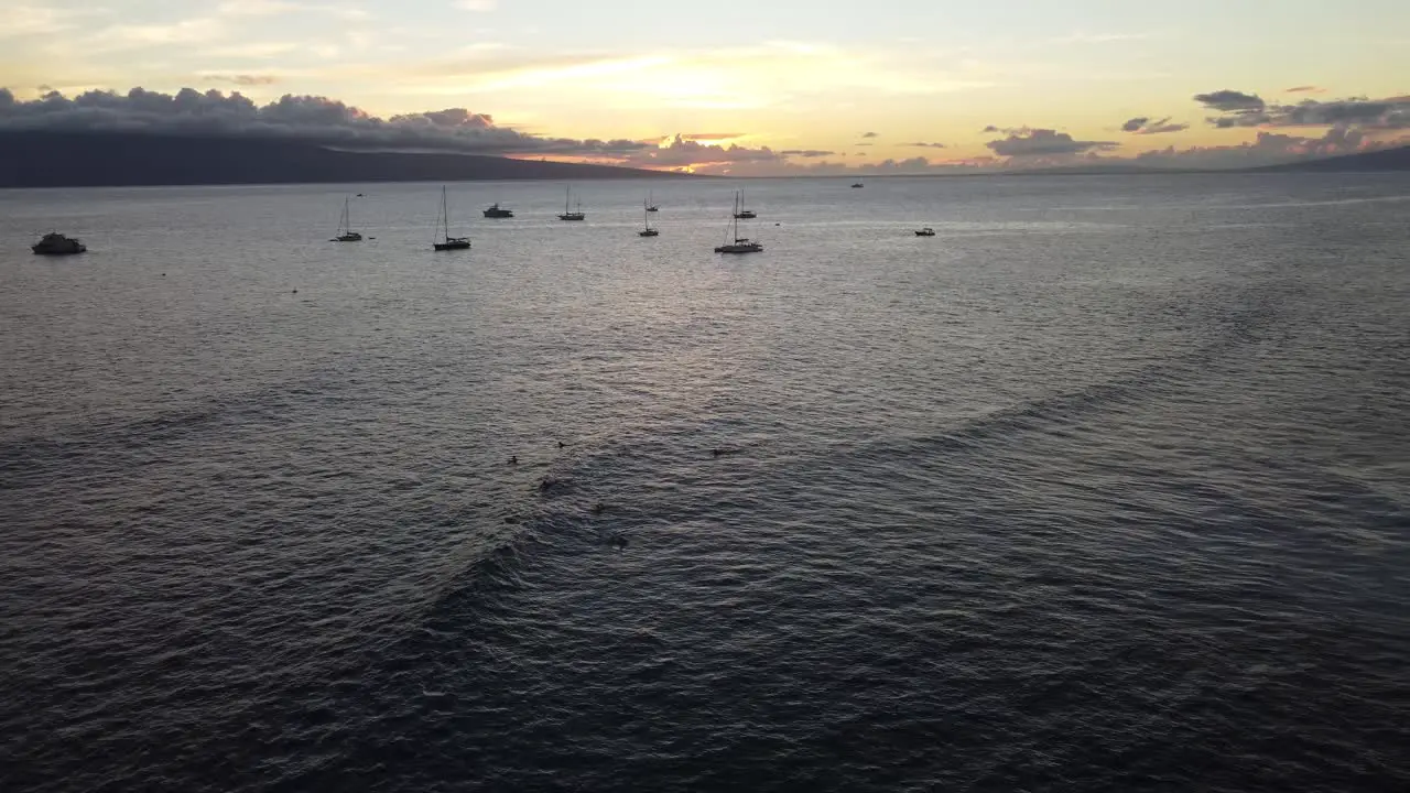 Hawaiian sunset and surfers at the coast of Maui