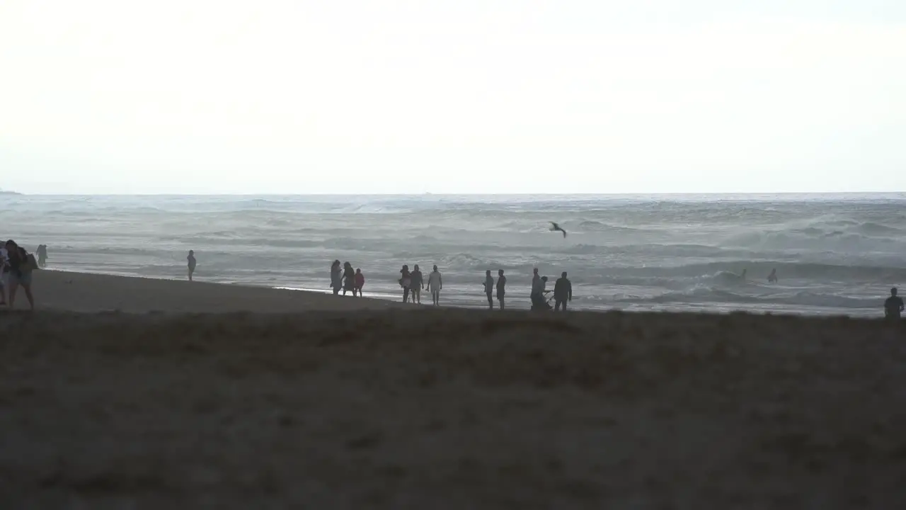 Low level static shot capturing silhouette of people on the sandy beach with rapid waves crashing the shore