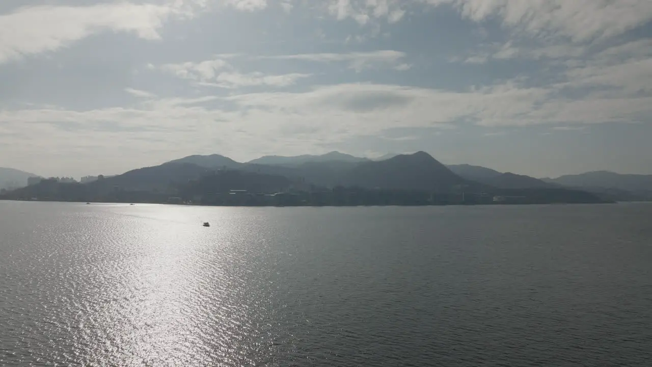 Drone shot of vast ocean with mountains in Hong Kong