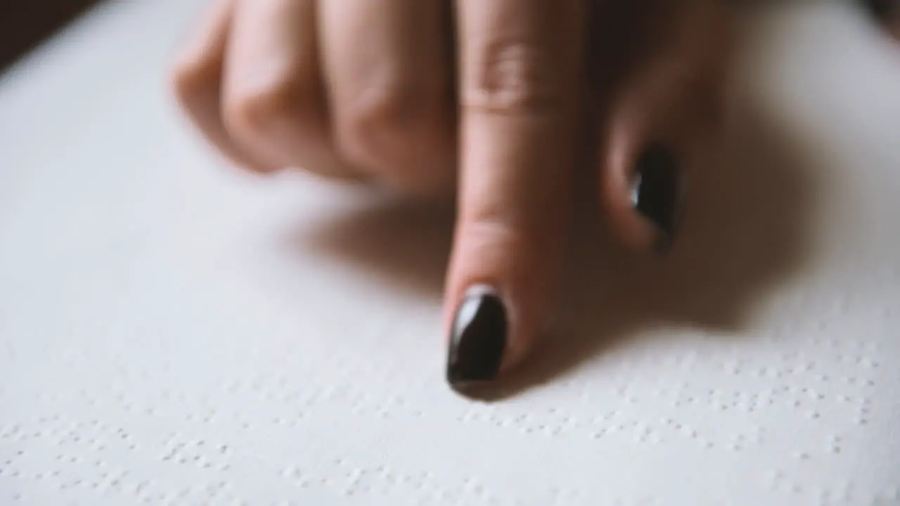 Vista De Cerca Del Dedo De Una Mujer Ciega Tocando Las Letras De Un Libro Braille