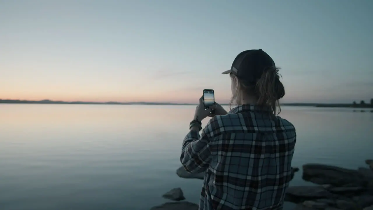 Frau Fotografiert Den Sonnenuntergang über Dem See Mit Dem Smartphone