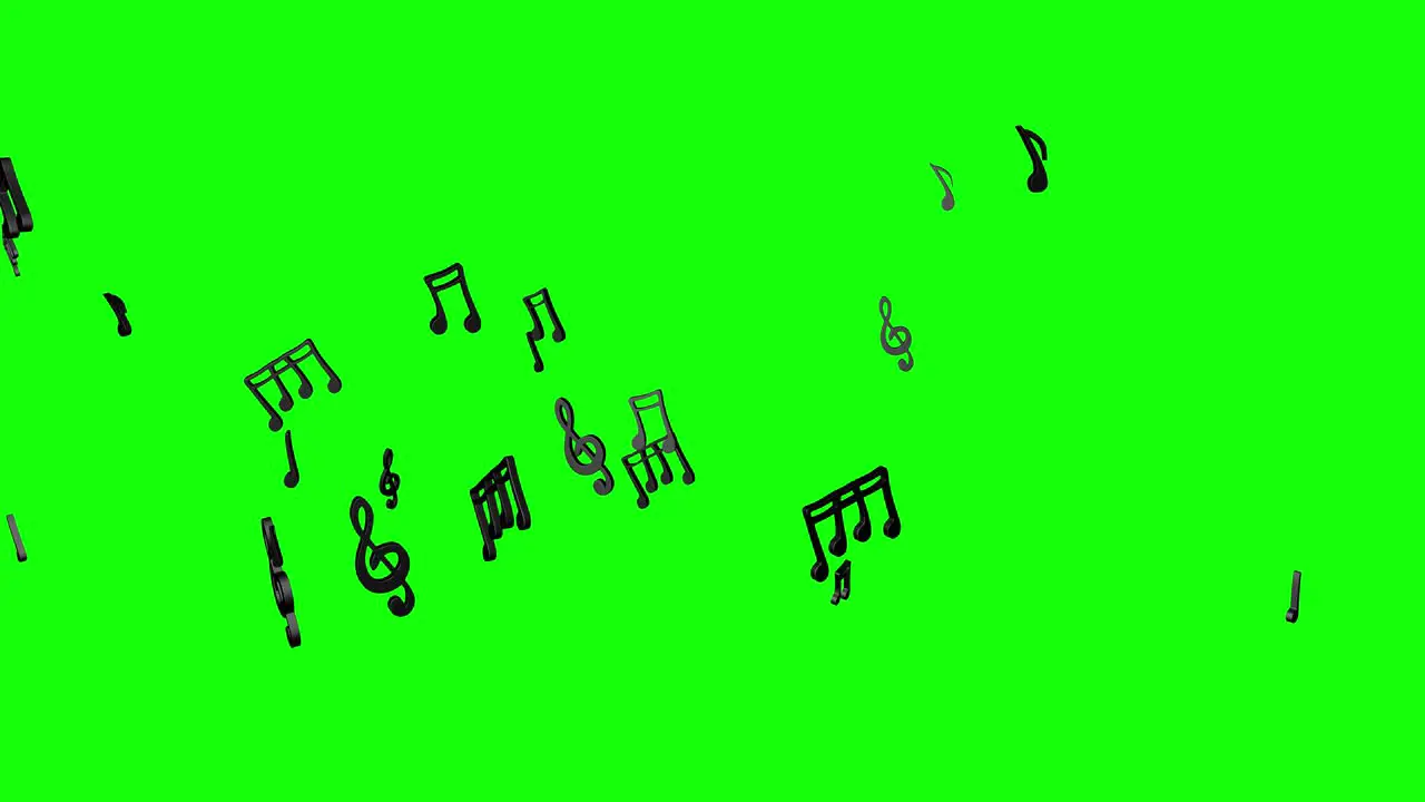 black music notes flying and flowing on green screen