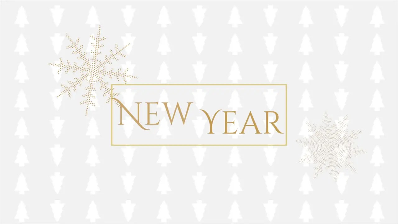 Animated closeup Happy New Year text and gold snowflakes with on holiday black background