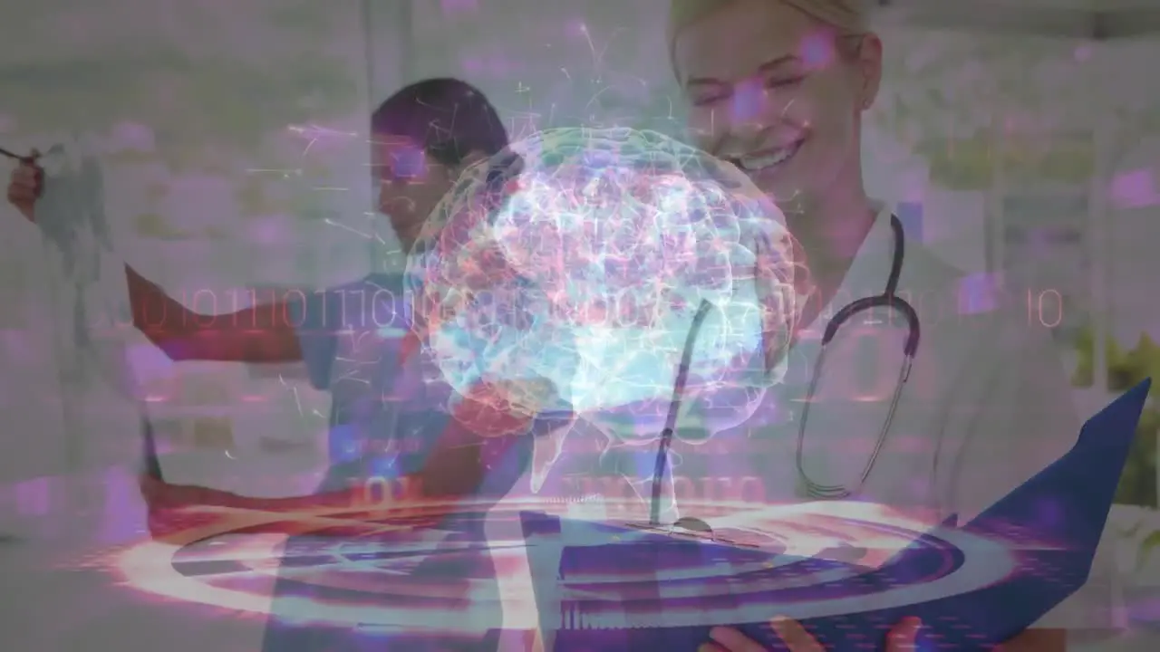 Animation of binary codes and brain with circles over portrait of happy female caucasian doctor