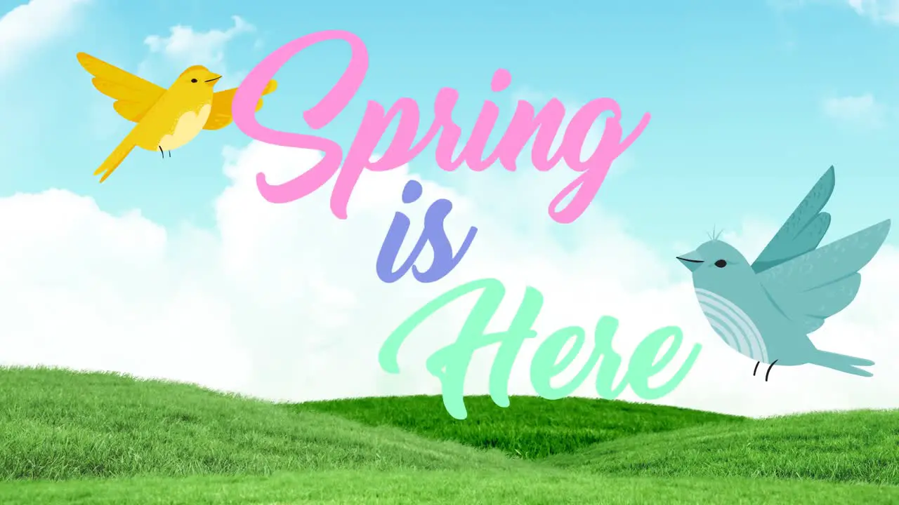 Animation of spring is here text with two flying birds over spring grass and blue sky in background