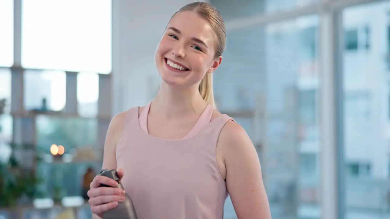 Exercise face and woman smile in living room