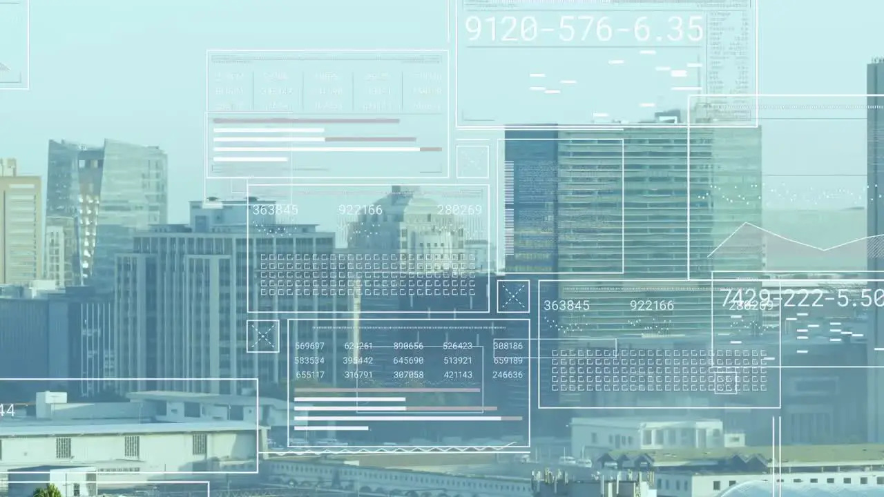 Animation of multiple hud screens with numbers over modern buildings in city