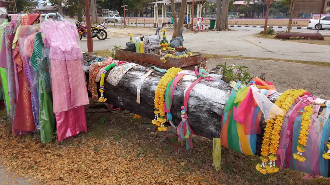 Multicolored Dresses Hanging In The Park With Horizontal Tree Log Decorated With Lei And Colorful Strips Of Cloth