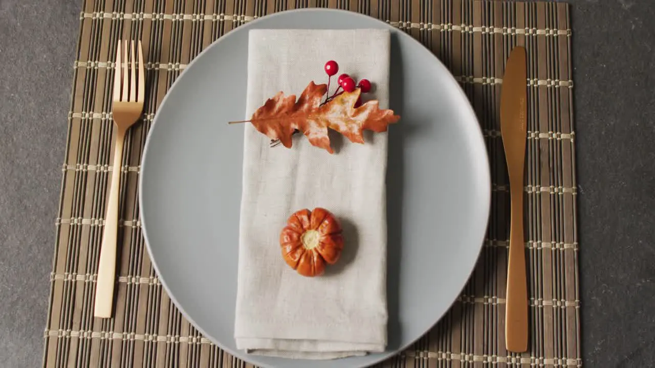 Video of plate with autumn decoration lying on wooden mat