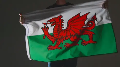 Studio Shot Of Anonymous Person Or Sports Fan Waving Flag Of Wales Against Black Background