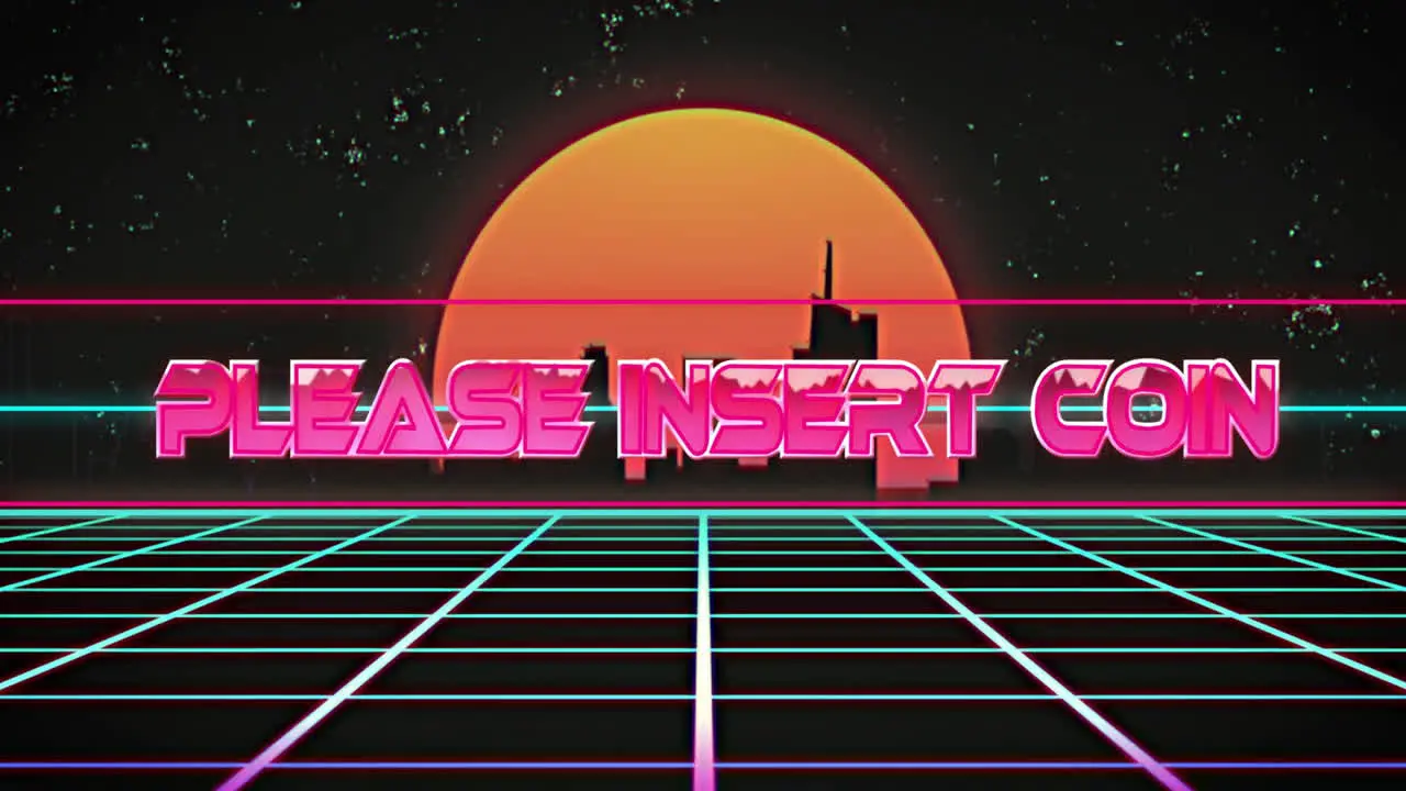 Animation of please insert coin text over digital city and sun on black background