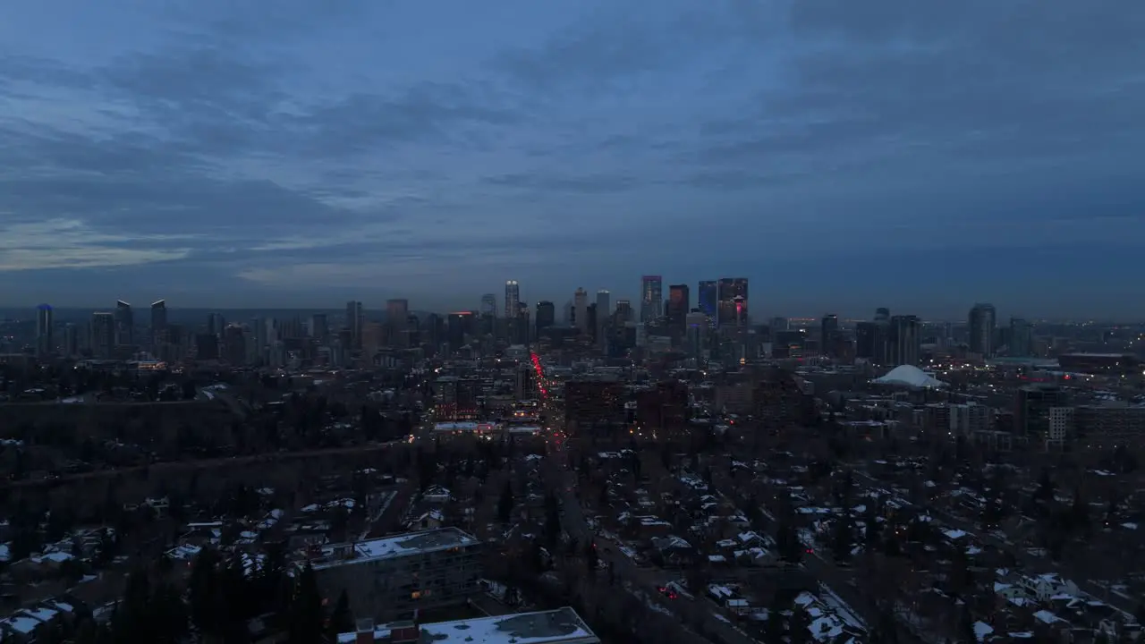 Drone flight of Downtown Calgary during blue hour