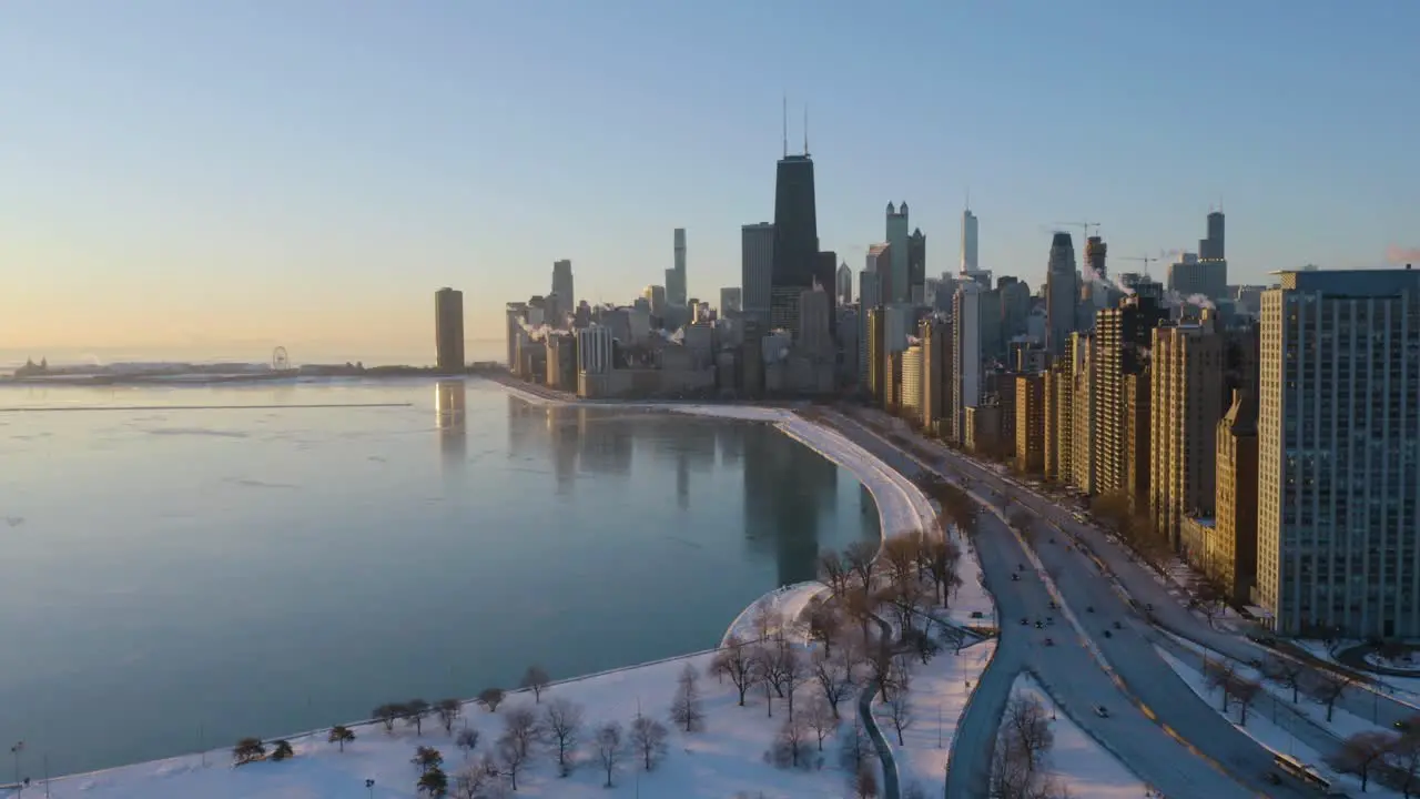 Amazing View of Chicago Skyline Frozen in Winter Polar Vortex