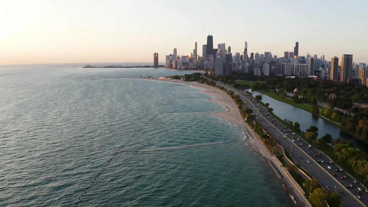 Aerial Pan Up Reveals Chicago's Amazing Lakefront during Golden Hour