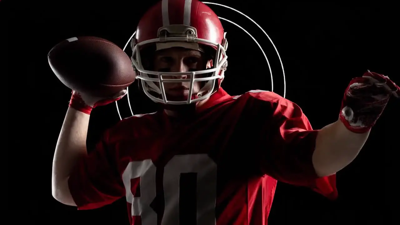 Animation of caucasian male rugby player throwing a ball and red abstract shapes in semaless pattern