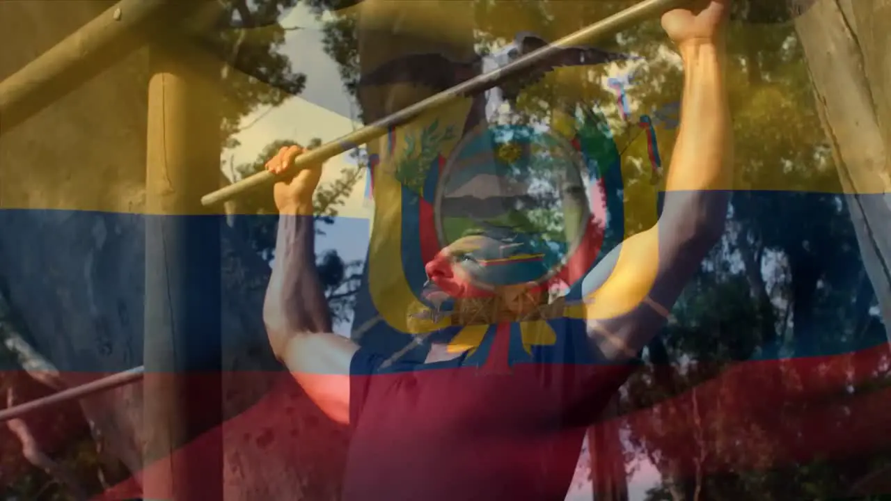 Animation of flag go ecuador over strong muscular man doing pull ups