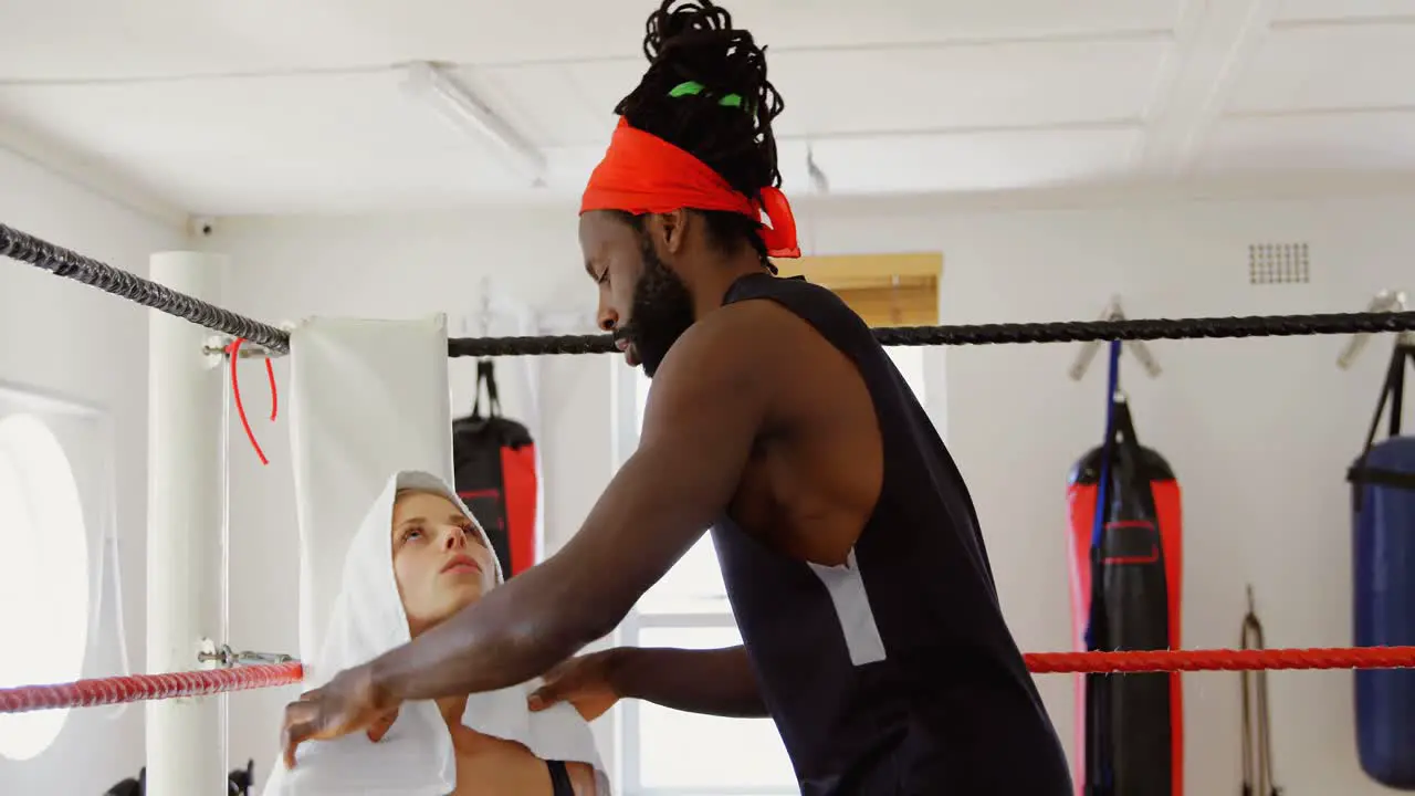 Trainer giving massage to female boxer in boxing ring 4k