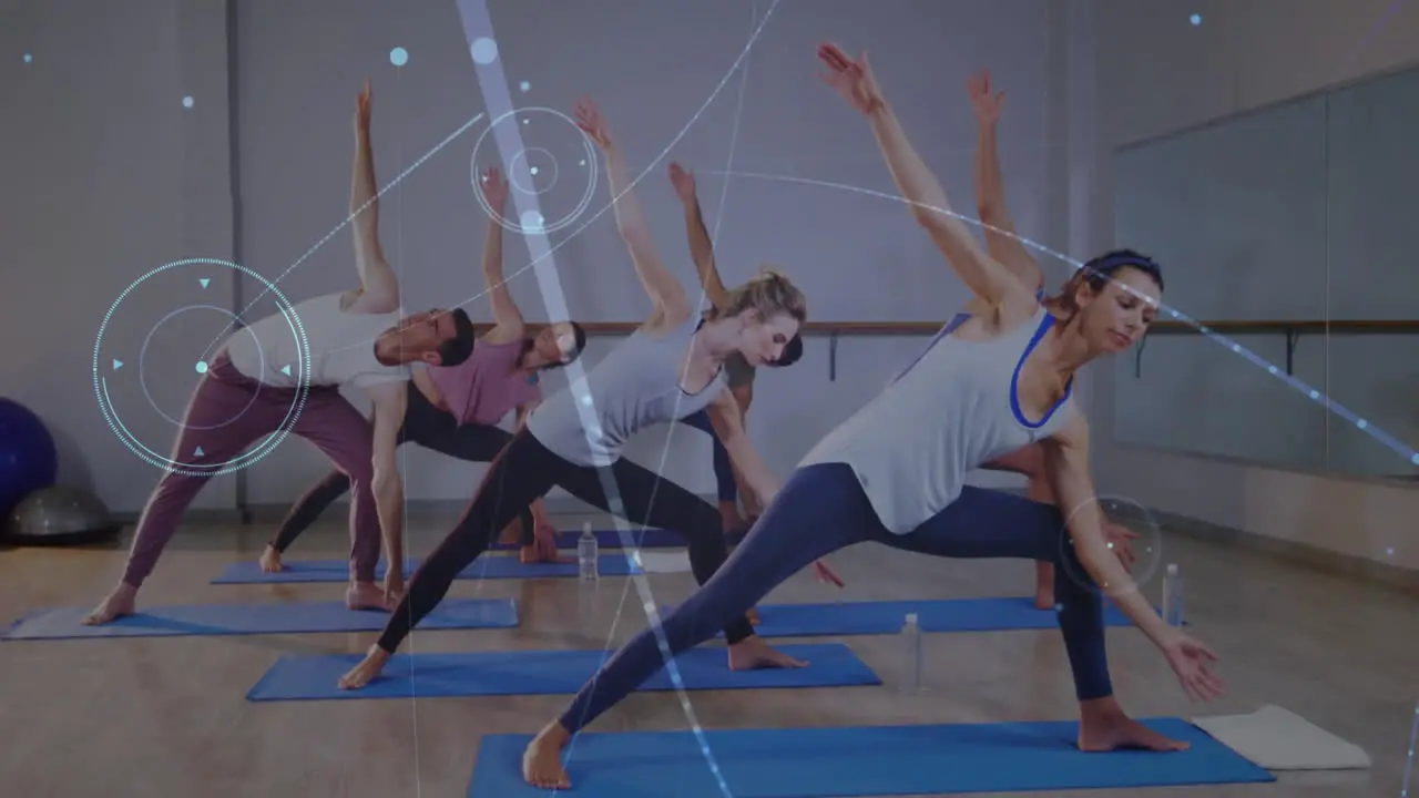 Animation of data processing over group practicing yoga meditating