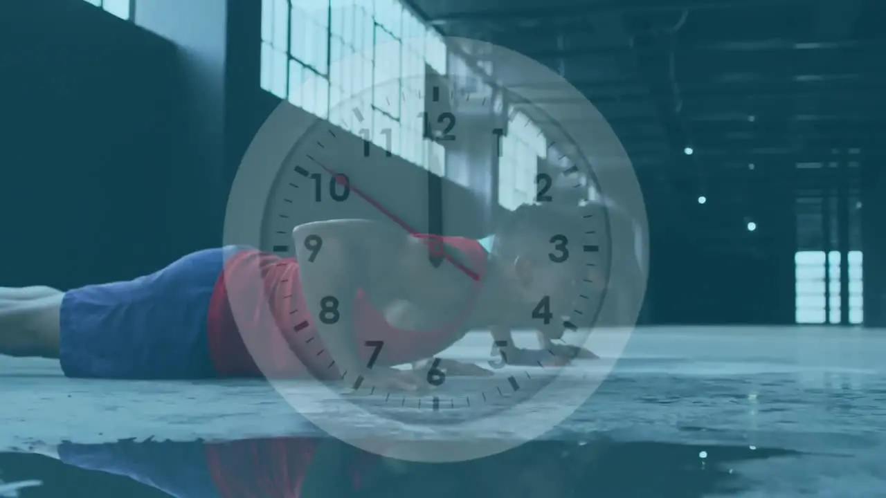 Clock ticking against african american man and woman performing pushup exercise