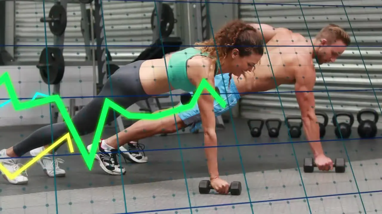 Animation of graphs moving over caucasian fit couple performing exercise with dumbbells at the gym