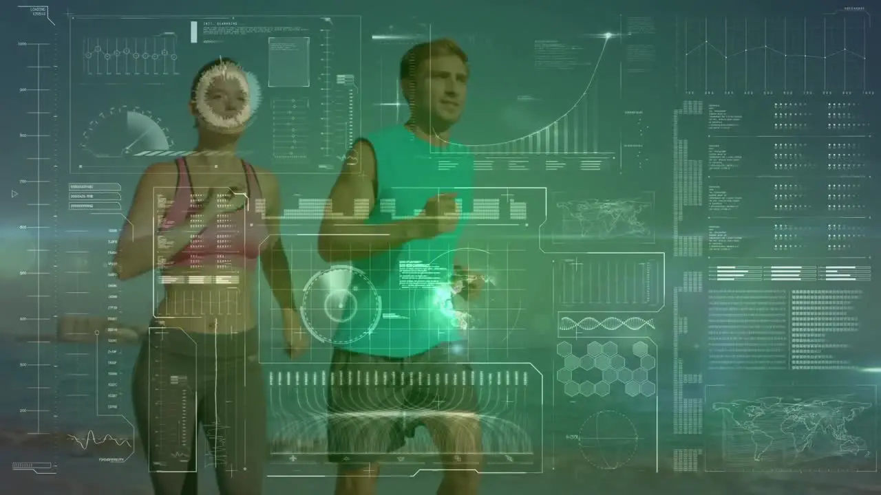 Digital interface with data processing against caucasian couple running together at the beach