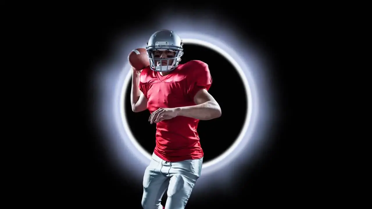 Animation of caucasian male rugby player throwing a ball against glowing ring on black background