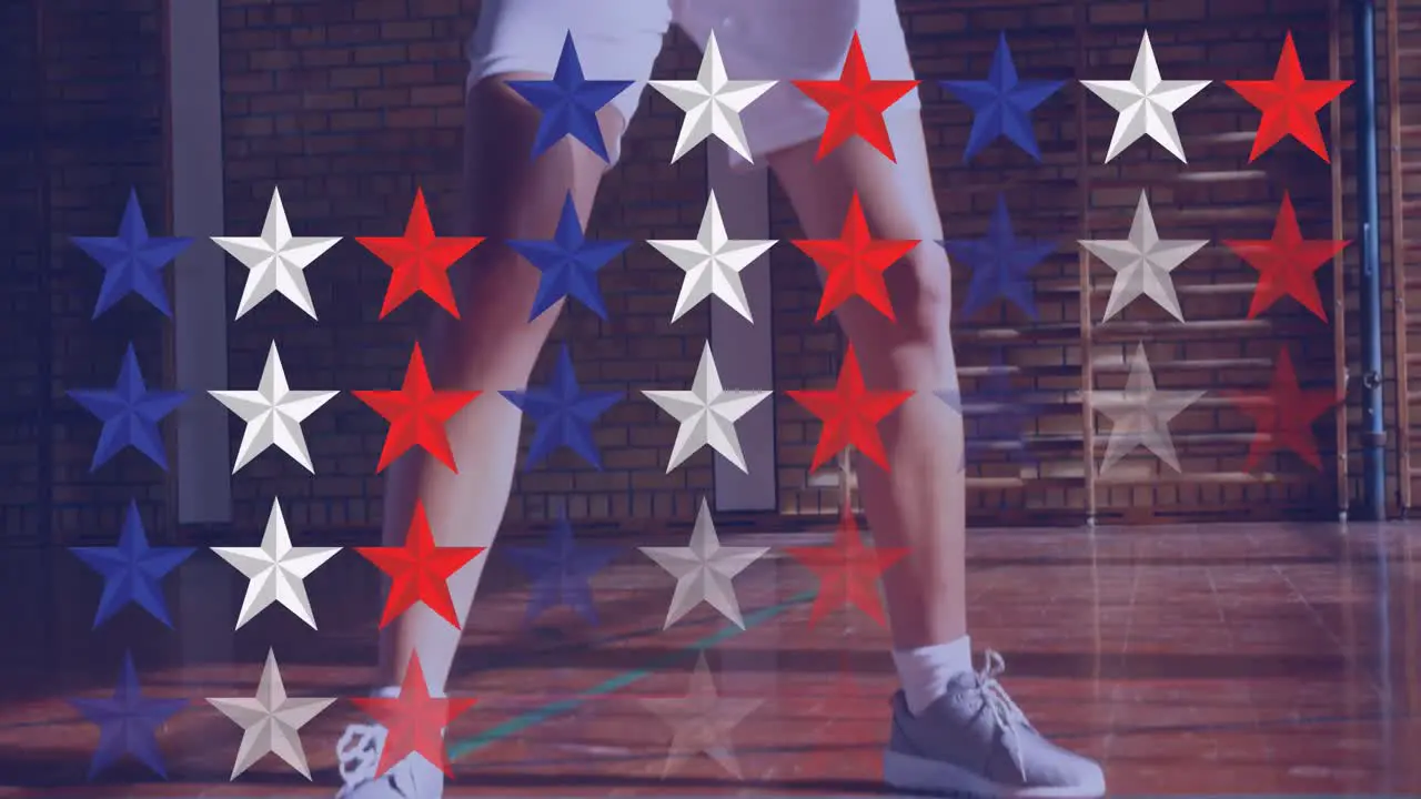 Star icons pattern design against caucasian female basketball player practicing basketball