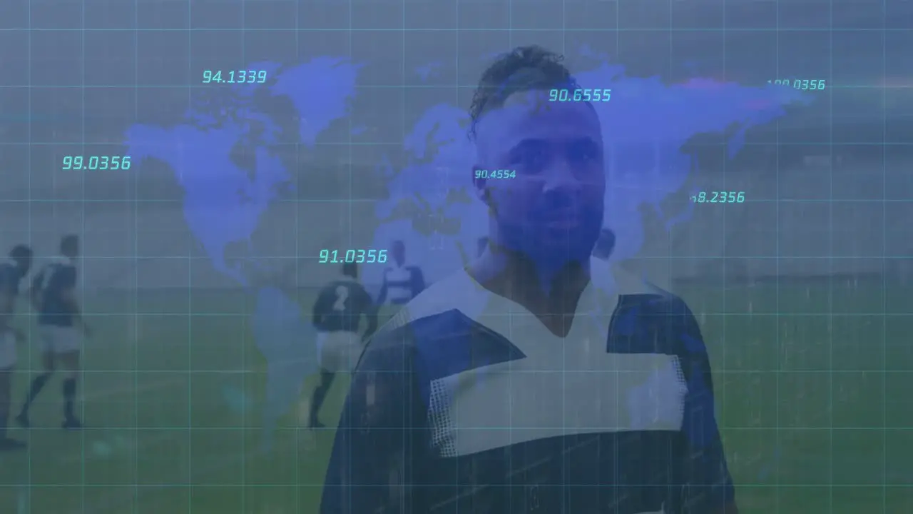 Animation of numbers over world map against african american male rugby player on sports field