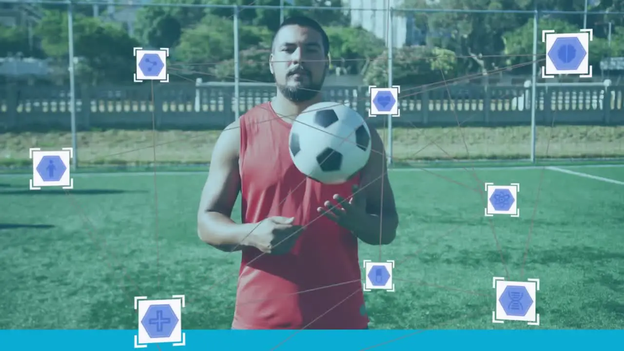 Network of connections against portrait of male soccer player a football