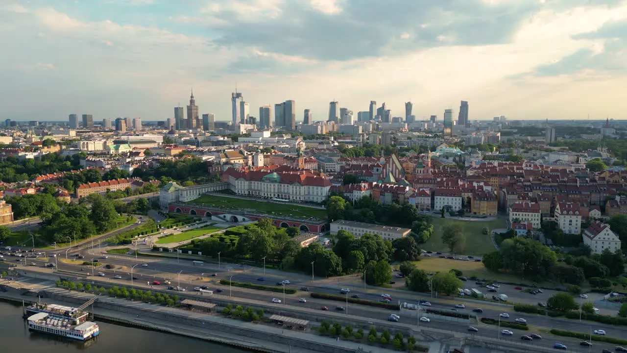 Aerial panorama of Warsaw Poland over the Vistual river and City center in a distance Old town